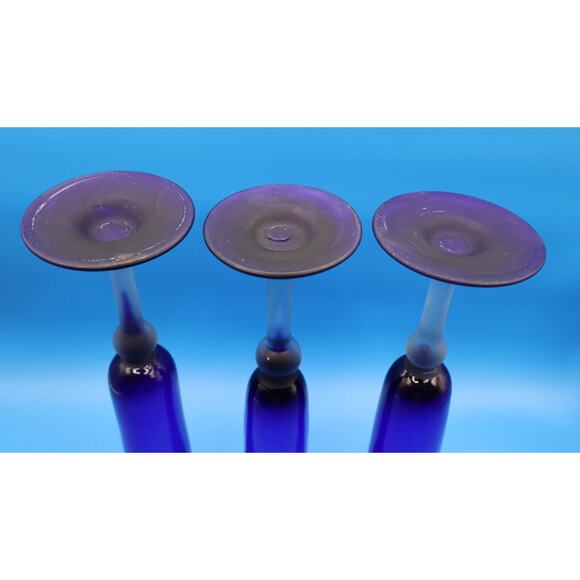 Set Of 3 Cobalt Blue Fluted Glass with Flat Rim Frosted Stem Art Decor. - Picture 9 of 11